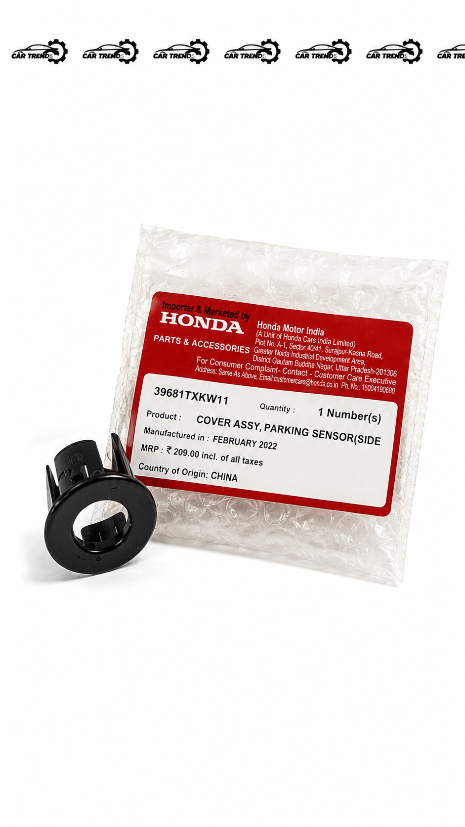 Honda parking sensor cover assembly for the side, showing the left side sensor cover in black with mounting details.