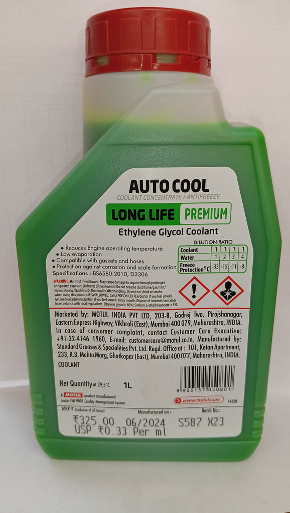 AUTO COOL LONGLIFE PREMIUM ETHYLENE GLYCOL COOLANT (20X1LTR) MOTUL COOLANT 1LTR