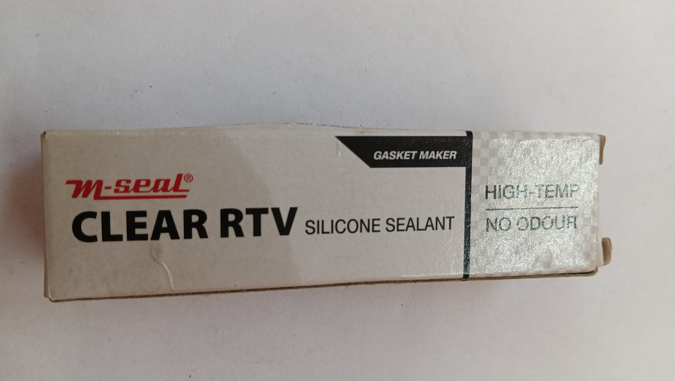 Aftermarket MSEAL Clear RTV Silicone Sealant tube shown with product label and packaging, ideal for sealing and bonding applications.