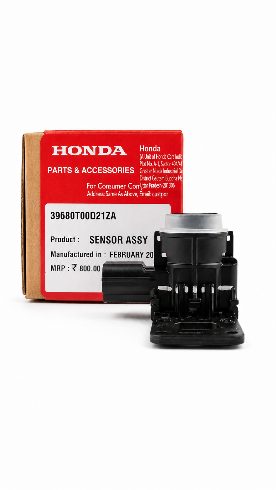 Honda parking sensor assembly with clip for right side, part number 39680T00D21ZA, shown in a close-up image.