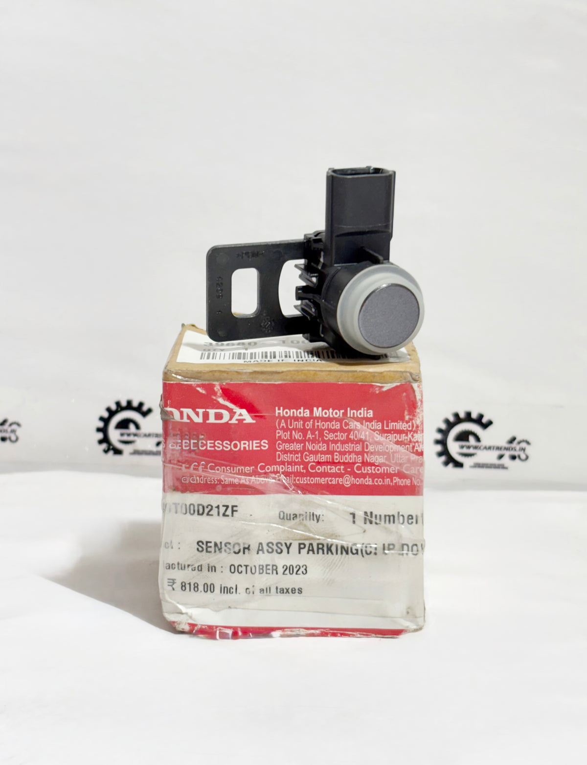 Honda parking sensor assembly with clip, shown from the left side, part number 39680T00D21ZF.