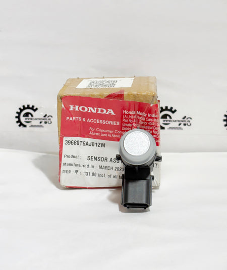 Honda parking sensor assembly showing the left-side sensor with wiring and mounting bracket, designed for Honda vehicles.
