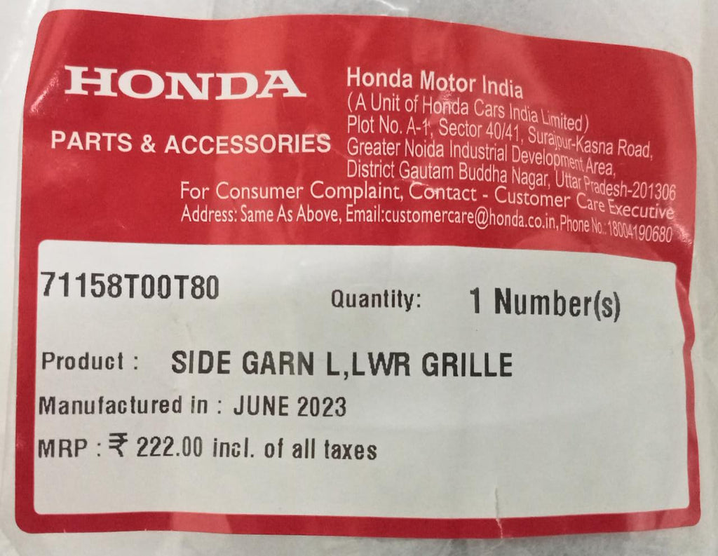 71158T00T80   HONDA GRILL GARNISH LOWER LEFT SIDE