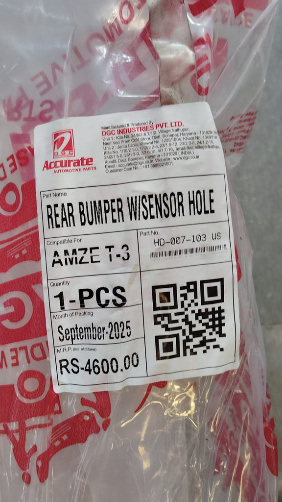 BUMPER REAR AMAZE TYPE 3 W/SENSOR HOLE #HD007103WS