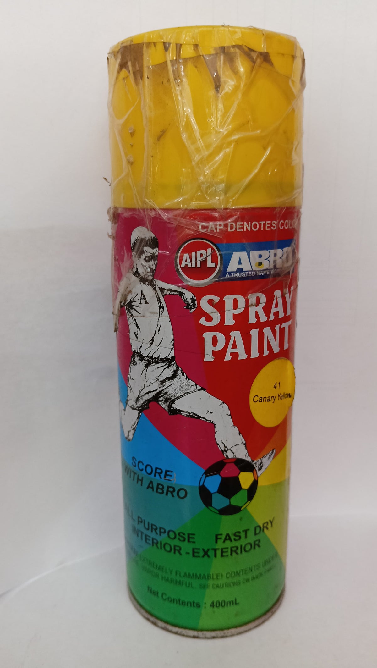 ABRO Canary Yellow spray paint can for cars, 400ml aerosol, suitable for all car variants, vibrant yellow color.