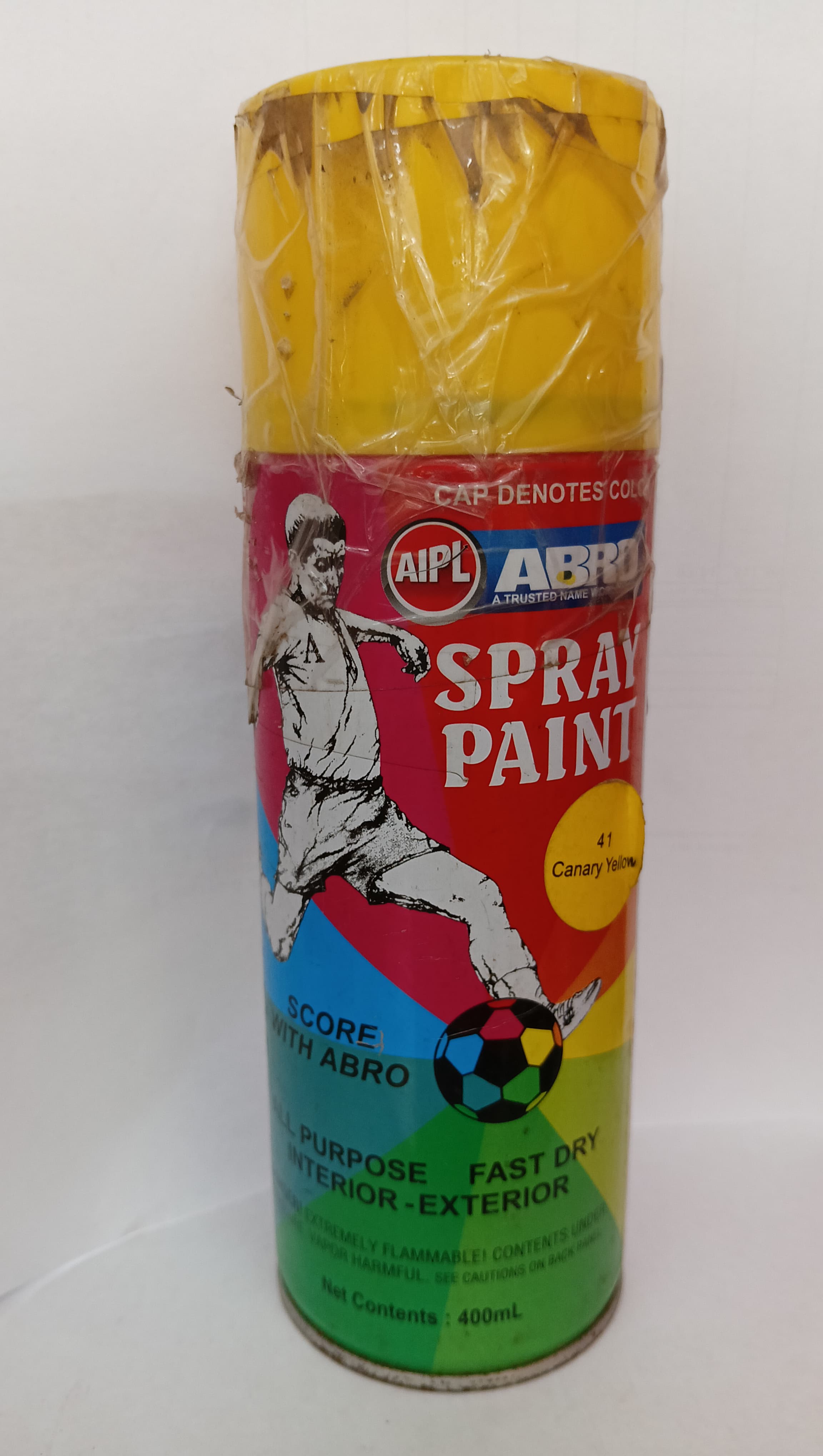 ABRO Canary Yellow spray paint can for cars, 400ml aerosol, suitable for all car variants, vibrant yellow color.