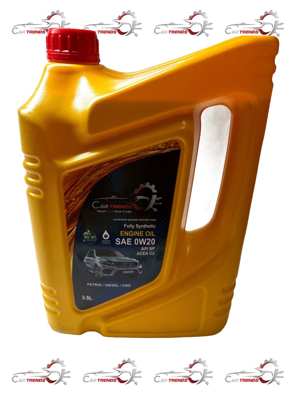Cartrends universal 0W20 car engine oil in 3.5-liter container, suitable for various vehicles, shown in a clear bottle.