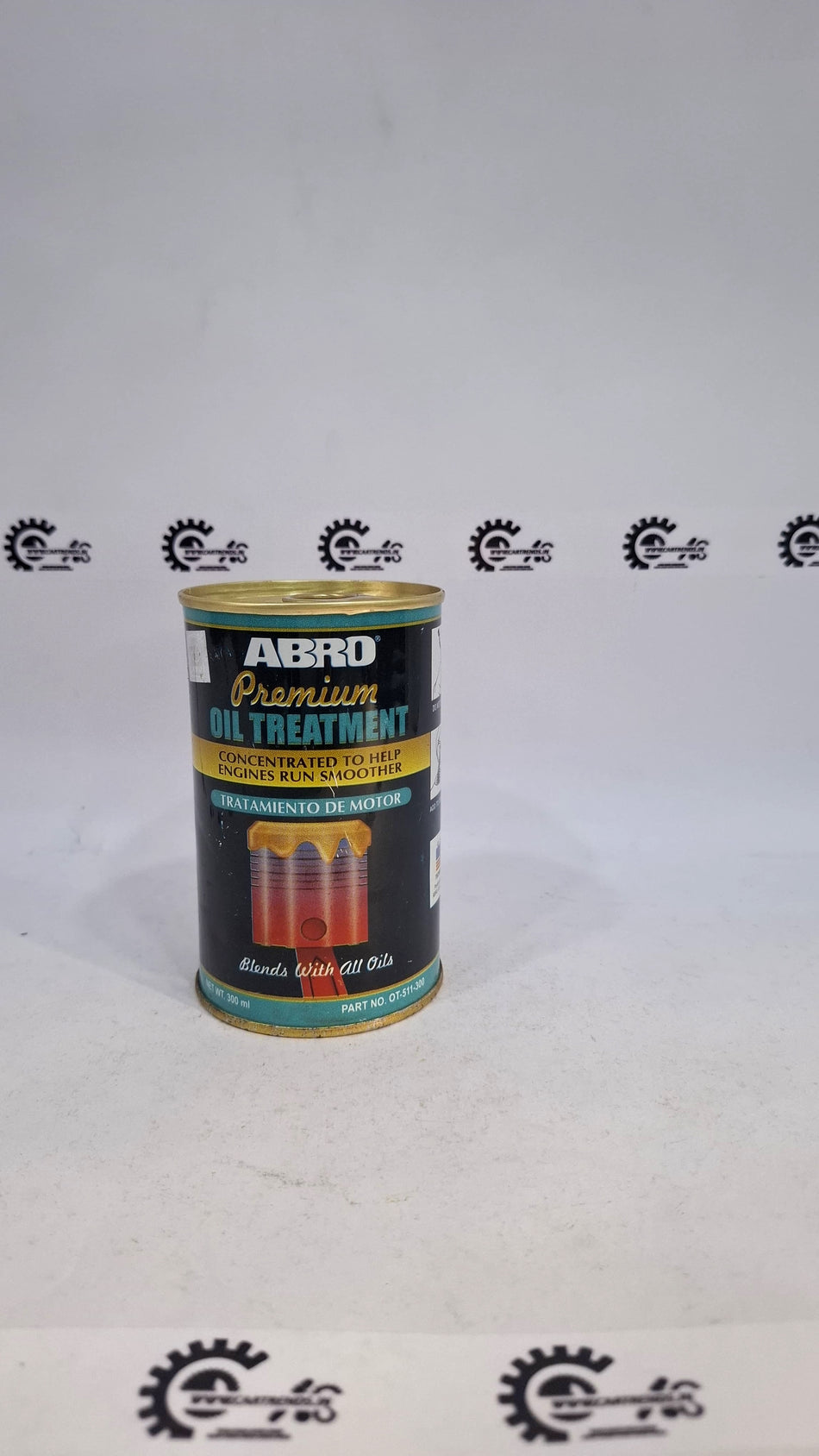 ABRO MF-390 3-Minute Motor Flush bottle, automotive engine cleaning product, with label and nozzle visible.