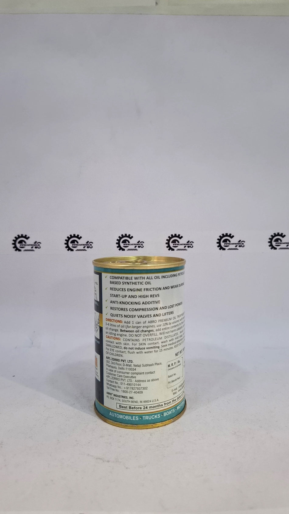 ABRO MF-390 3-Minute Motor Flush by CarTrends shown in a container with the product label for engine cleaning.