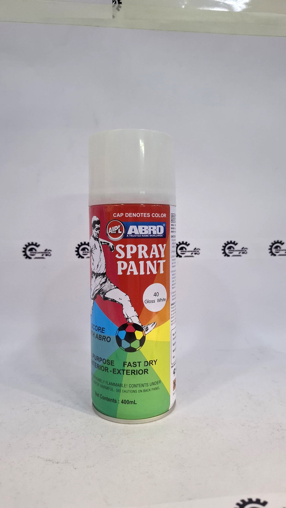 ABRO SP-40 400mL multipurpose gloss white spray paint by CarTrends, shown in a can with white paint for versatile use