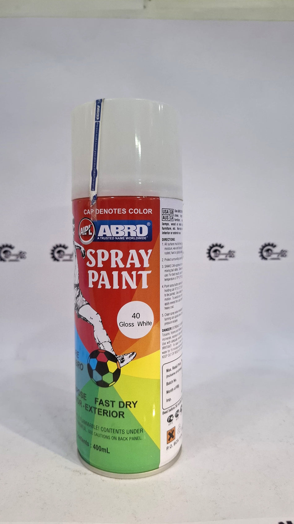 ABRO SP-40 400mL multipurpose gloss white spray paint by CarTrends, shown in a spray can with a white finish.