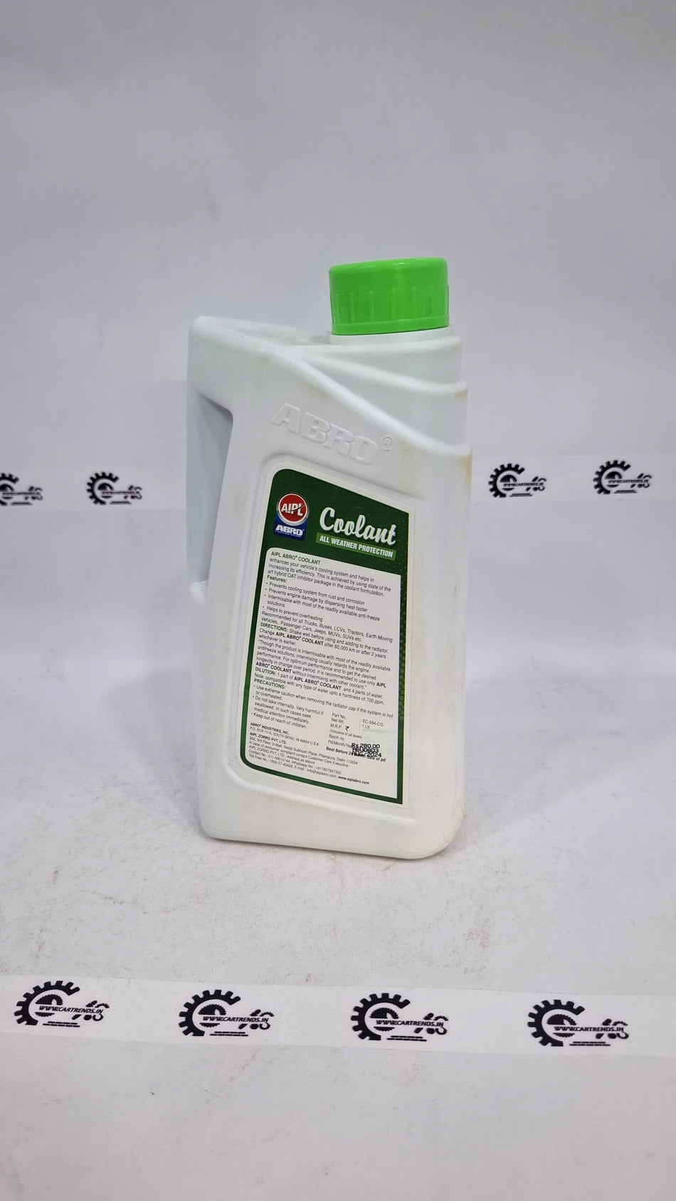 CarTrends ABRO Tropical Formula engine coolant bottle with yellow cap and label, designed for vehicle cooling system.