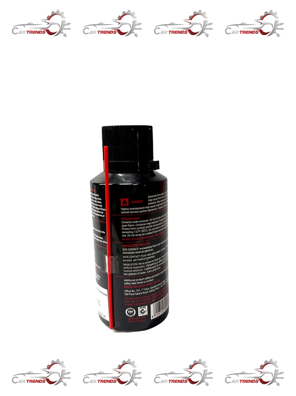 CarTrends adhesive chain lubricant applied to a motorcycle chain for smooth operation and protection against wear.