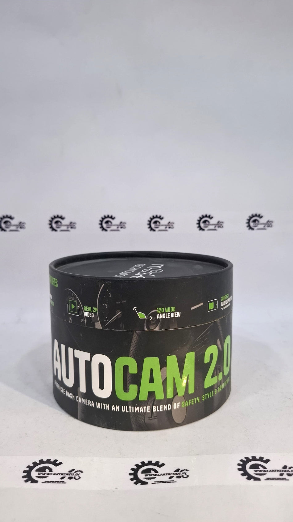 CarTrends Autocam WiFi 2K dash camera mounted on vehicle dashboard showing clear road view and camera lens details.