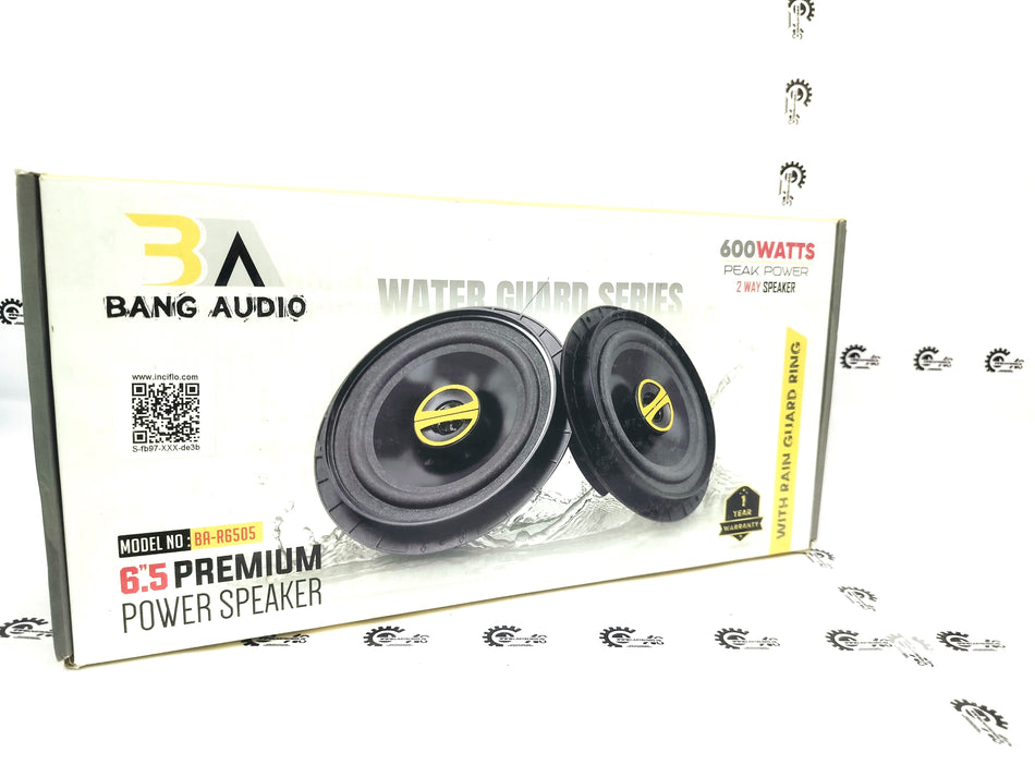 Bang Audio Premium Power Speaker from CarTrends, showing a sleek black speaker with control knobs and a sturdy grille design.