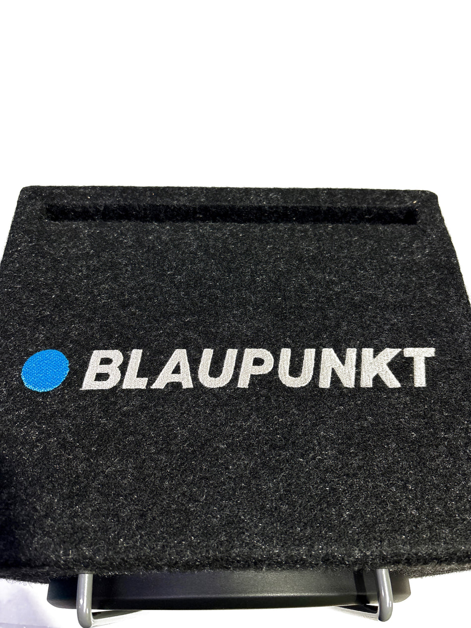 Blaupunkt active subwoofer GTB 8200 A in black, showing front grille and control panel for enhanced car audio bass performance.