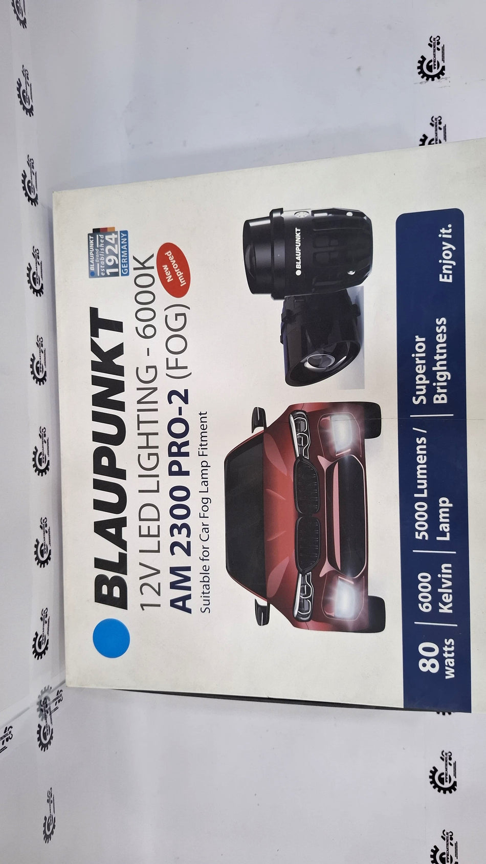 Blaupunkt AM 2300 PRO-2 LED fog lamps installed on a vehicle, featuring bright LED lighting for enhanced visibility and safety.