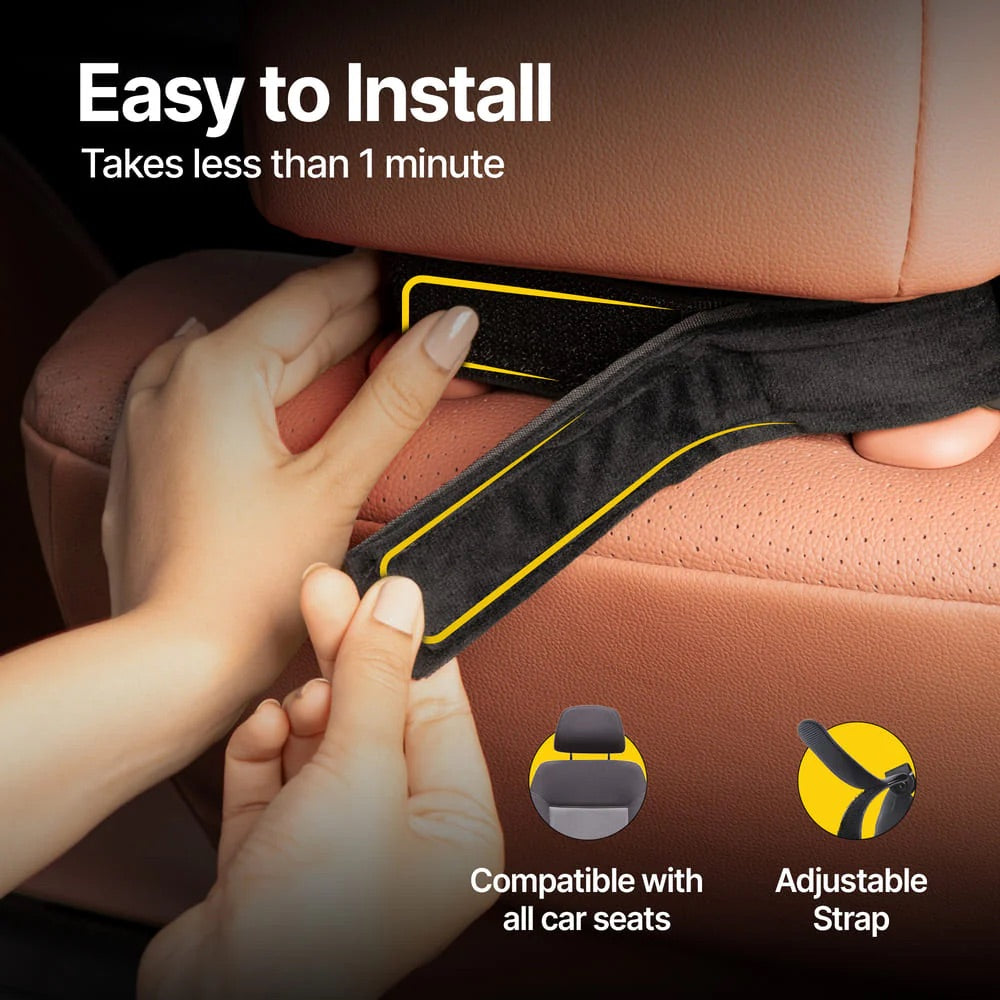 CarTrends Car Neck Rest Pillow Pro providing ergonomic support, shown in gray fabric with adjustable strap for comfortable head and neck support.
