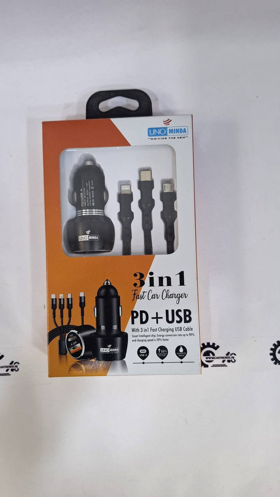 CarTrends charger with USB-C PD cable connected, compact design for fast charging devices.