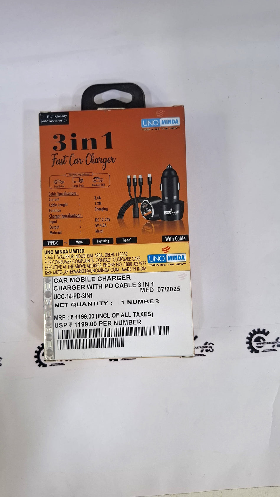 CarTrends charger with PD cable for fast charging, compact design, and durable build, ideal for smartphones and tablets.