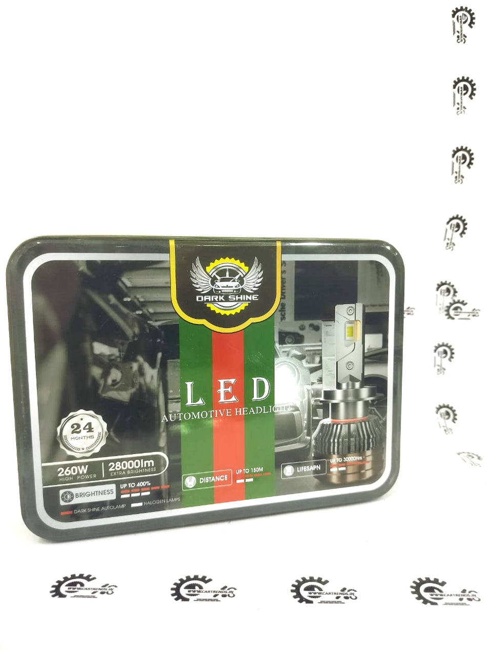 Dark Shine branded automotive LED headlight by CarTrends, showcasing a sleek, high-intensity light with a modern design.