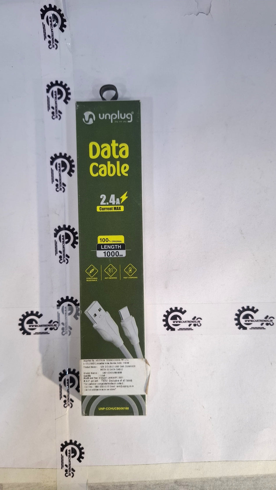 CarTrends data cable with USB and charging ports, shown connected to a device for fast charging and data transfer.