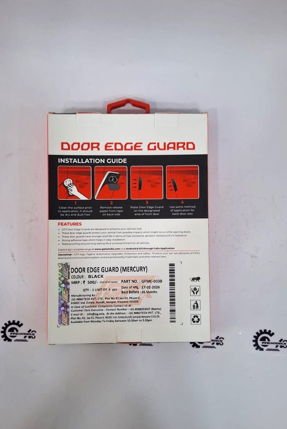 CarTrends Door Edge Guard protects vehicle doors from dings and scratches, shown installed along the edge of a car door.