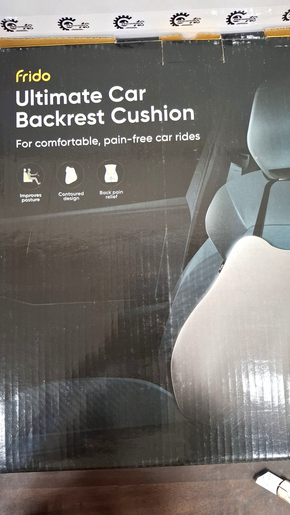 CarTrends Frido Ultimate Car Backrest Cushion shown in black, providing lumbar support and comfort for vehicle seats.