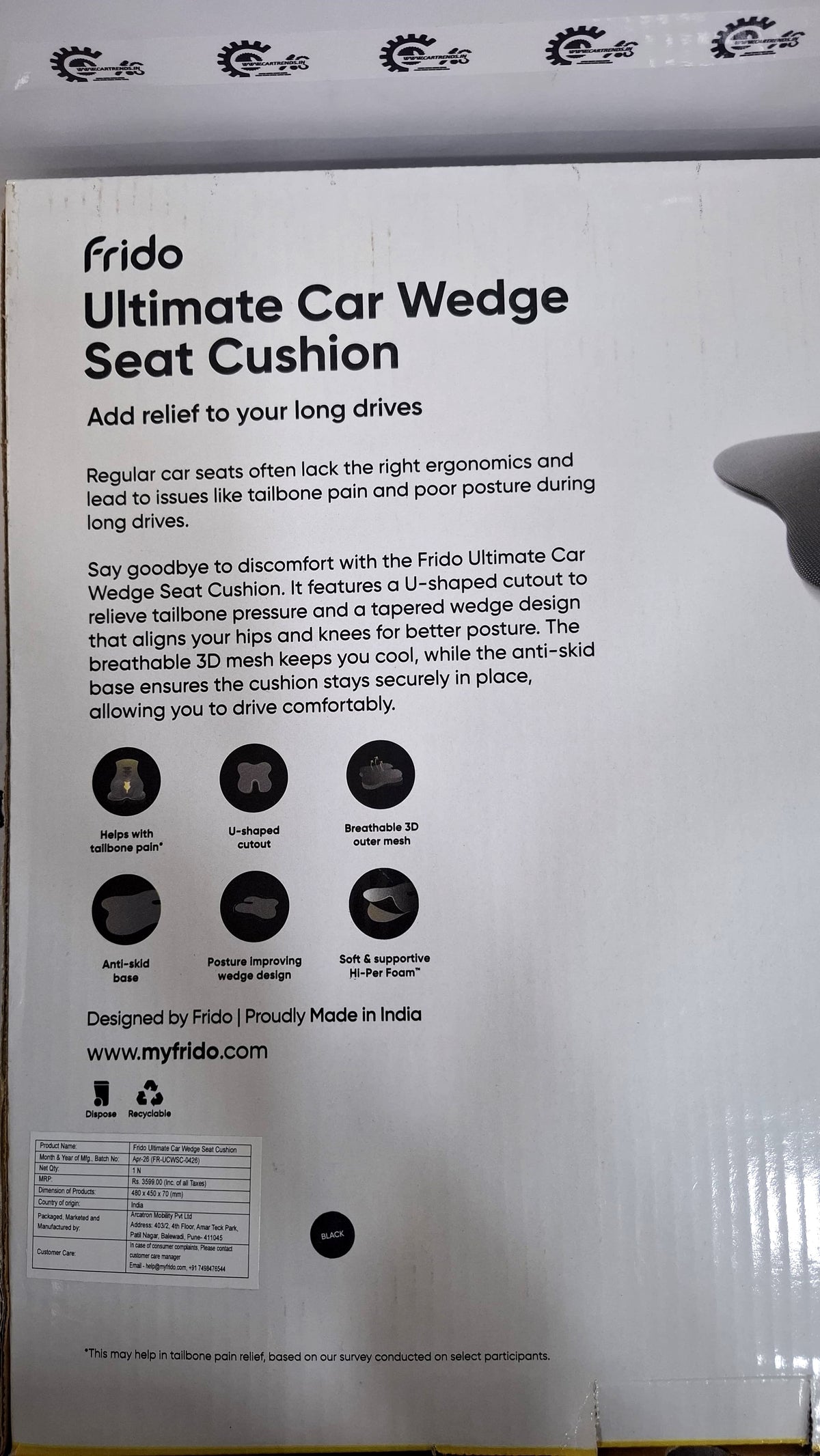 CarTrends Frido Ultimate Car Wedge Seat Cushion shown in a vehicle seat for improved comfort and support.