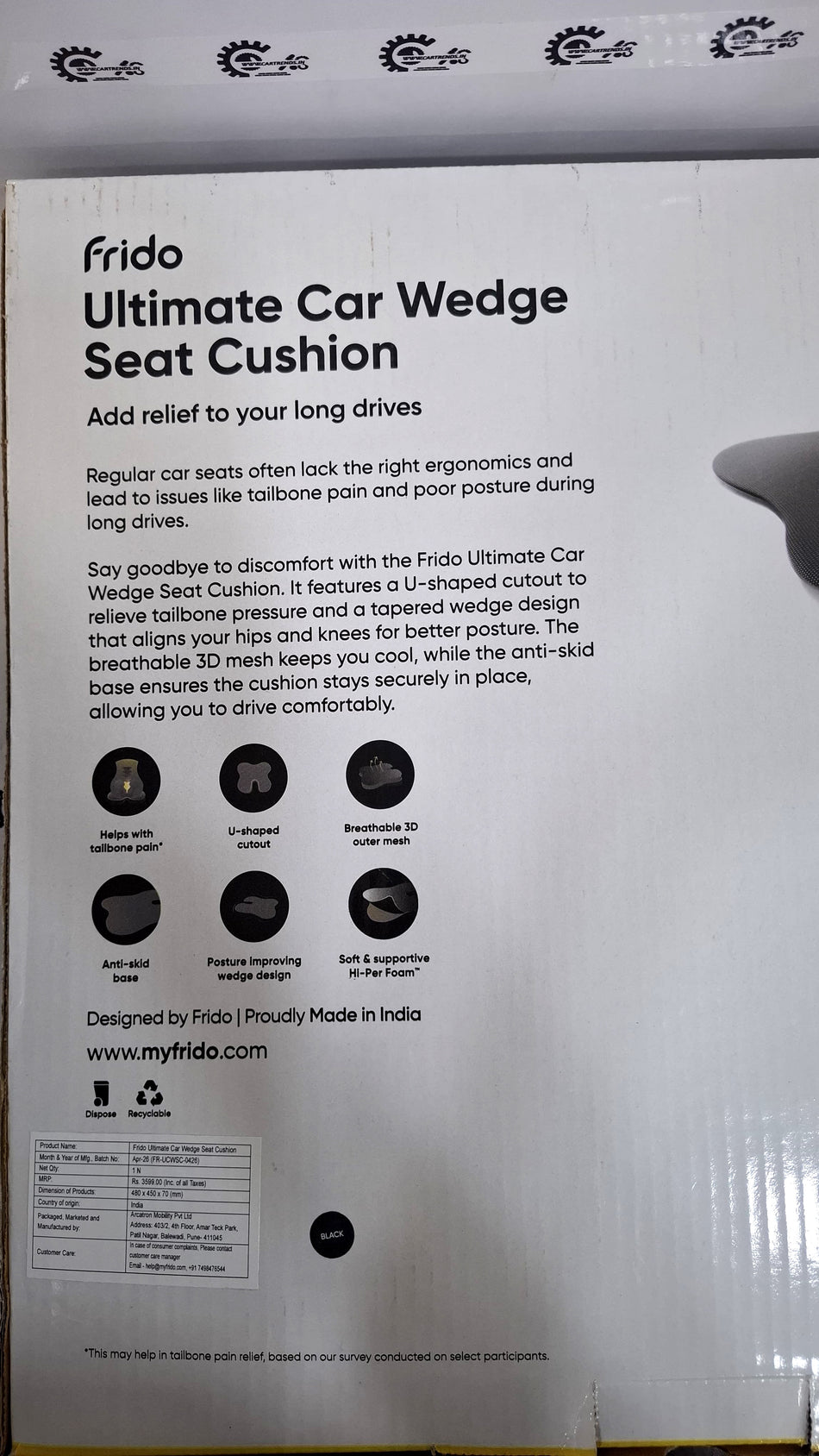 CarTrends Frido Ultimate Car Wedge Seat Cushion shown in a vehicle seat for improved comfort and support.