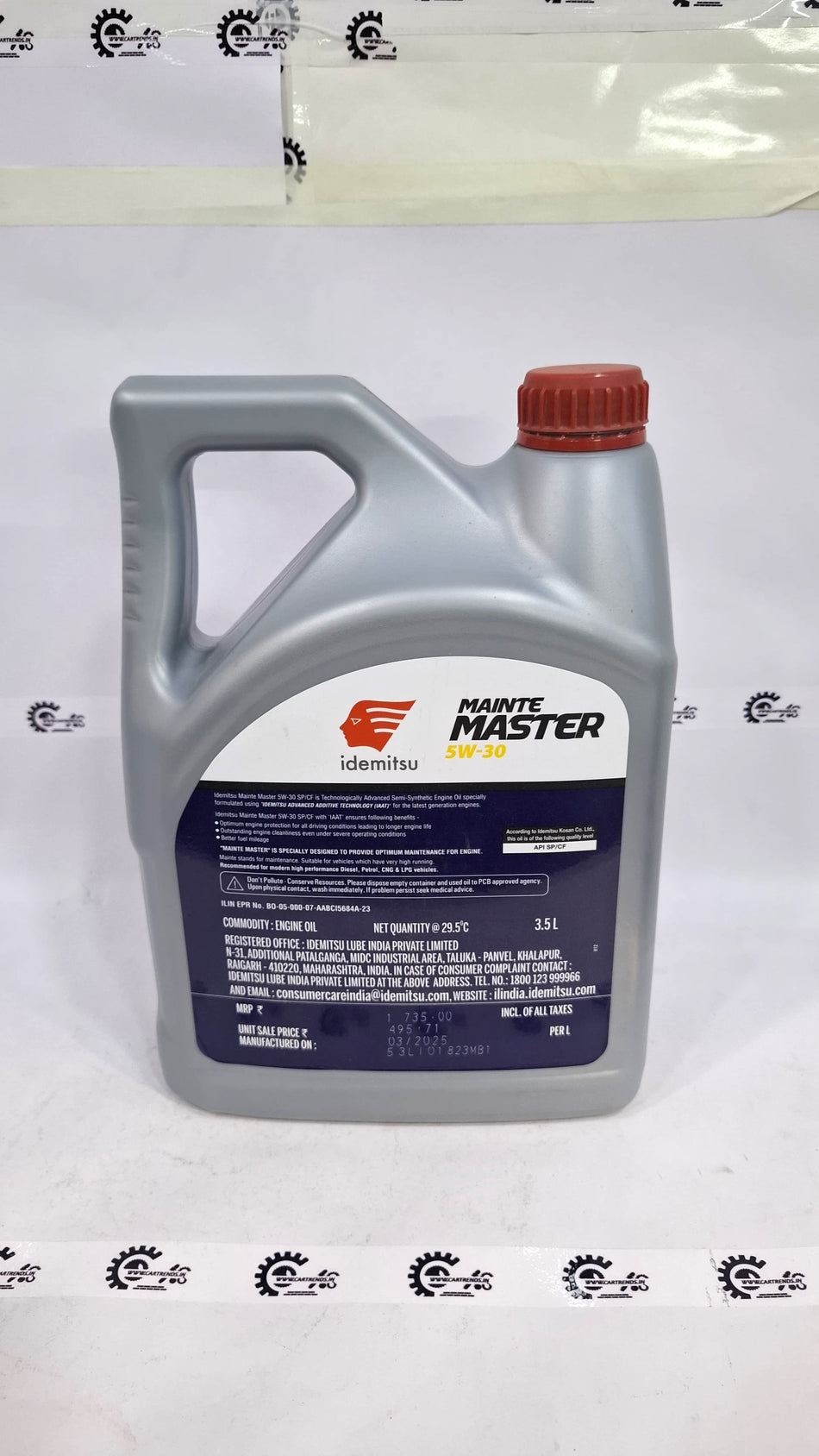 Idemitsu Mainte Master 5W-30 motor oil bottle with label, suitable for automotive engine maintenance, by CarTrends.