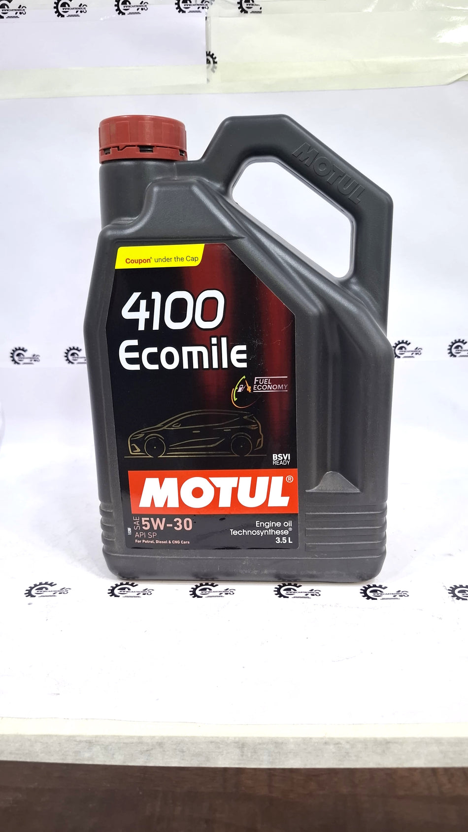 CarTrends Motul 4100 Ecomile 5W-30 engine oil bottle with label and cap, designed for vehicle engine lubrication.