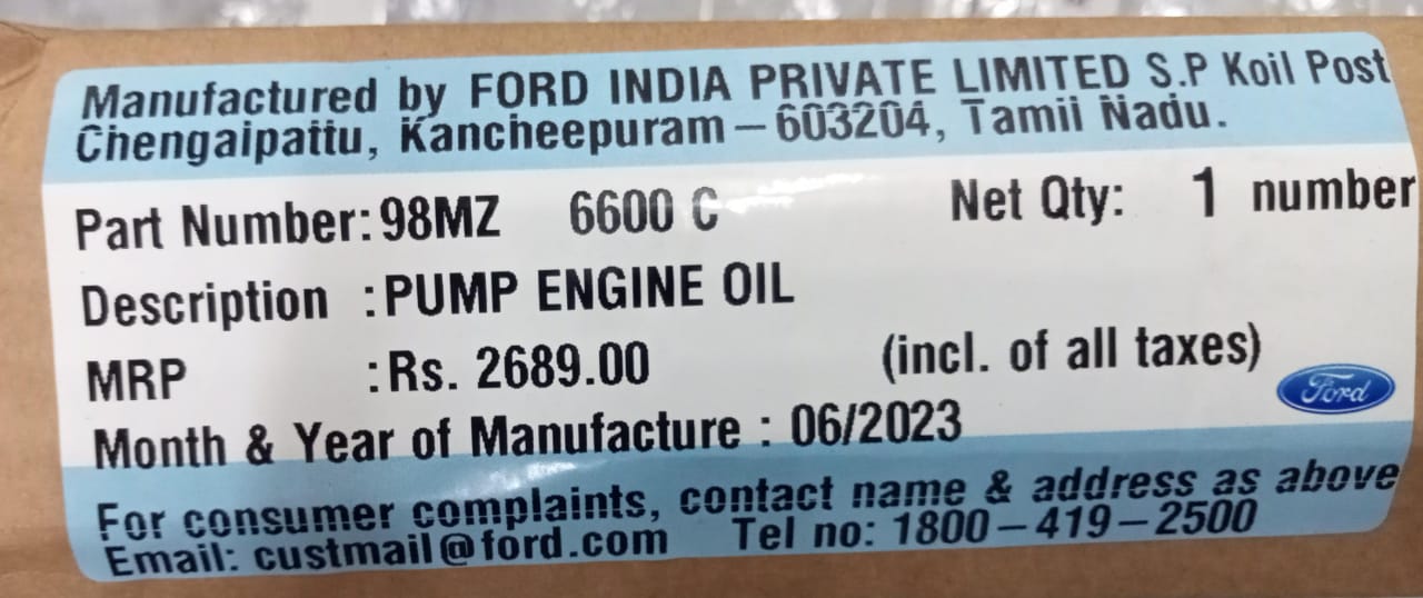 Ford oil pump CarTrends for Fiesta and Aspire models, part number 98MZ6600C, shown in a clear automotive engine component image.
