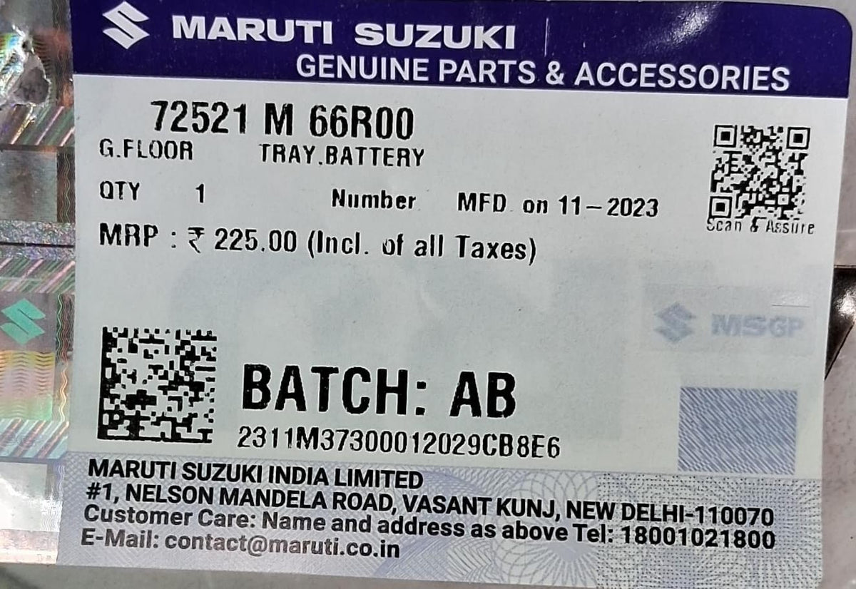 Maruti CarTrends battery tray for Celerio, Ignis, and Wagon R, model 72521M66R00, designed to hold vehicle batteries securely.