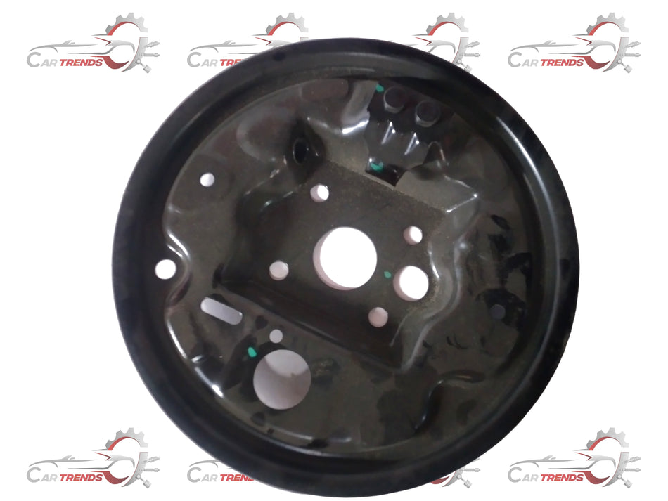 Rear right brake backing plate for Chevrolet Sail, CarTrends spare part, shown in black metal with mounting holes.