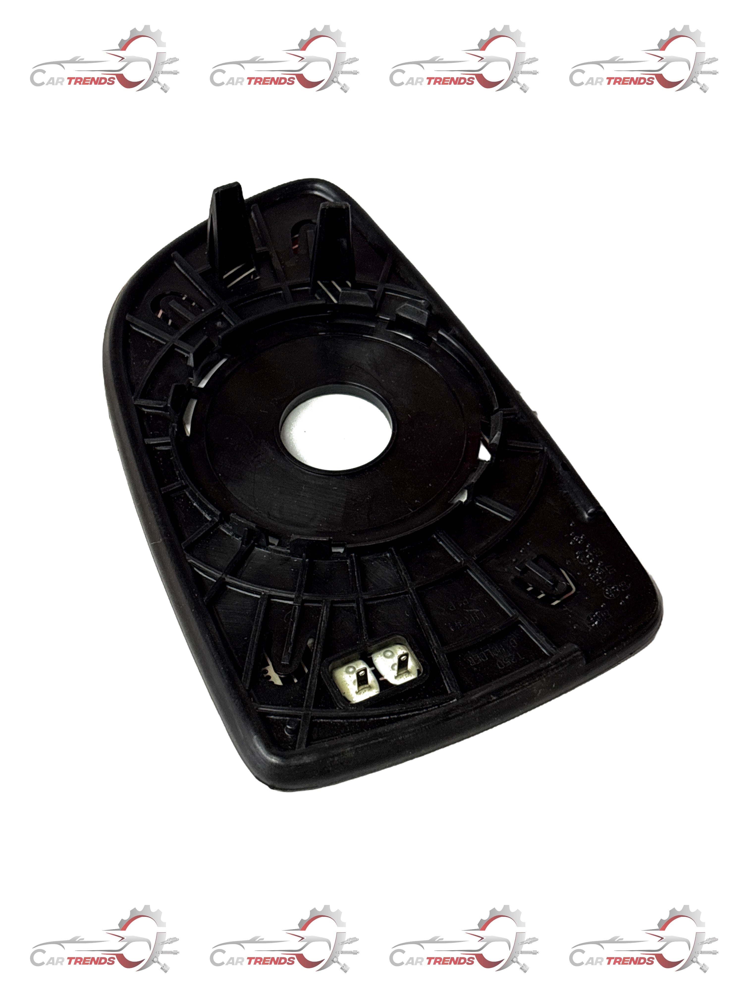 CarTrends Mirror Glass Aveo Left spare part, showing the reflective surface and mounting edges for the vehicle's side mirror.