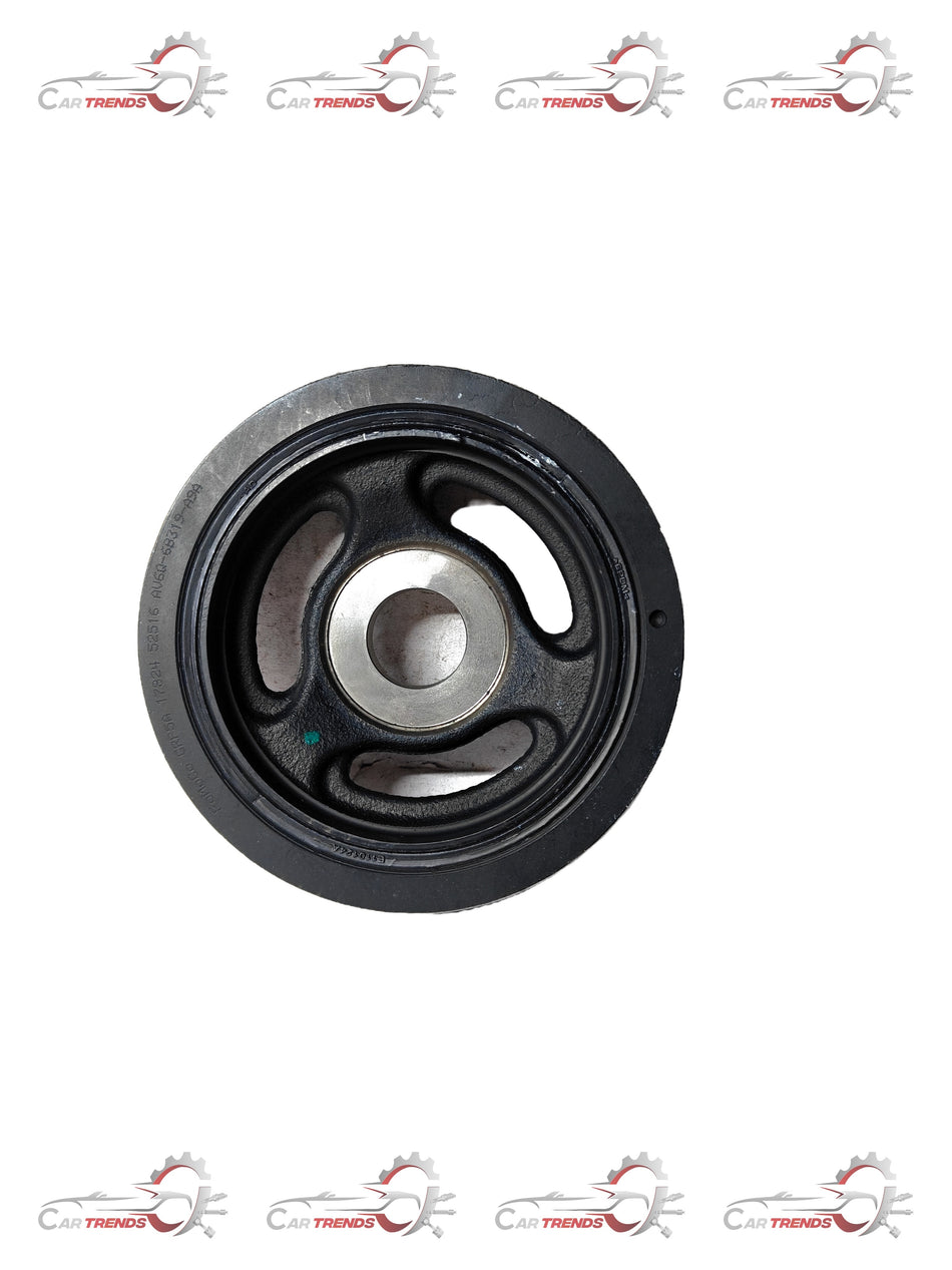 Ford AV6Z6312A crankshaft pulley, automotive part, shown in close-up with metal components and mounting details.