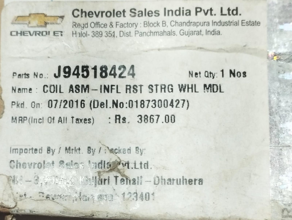 General Motors steering wheel airbag coil for Chevrolet Cruze, part J94518424, with visible wiring and connector.