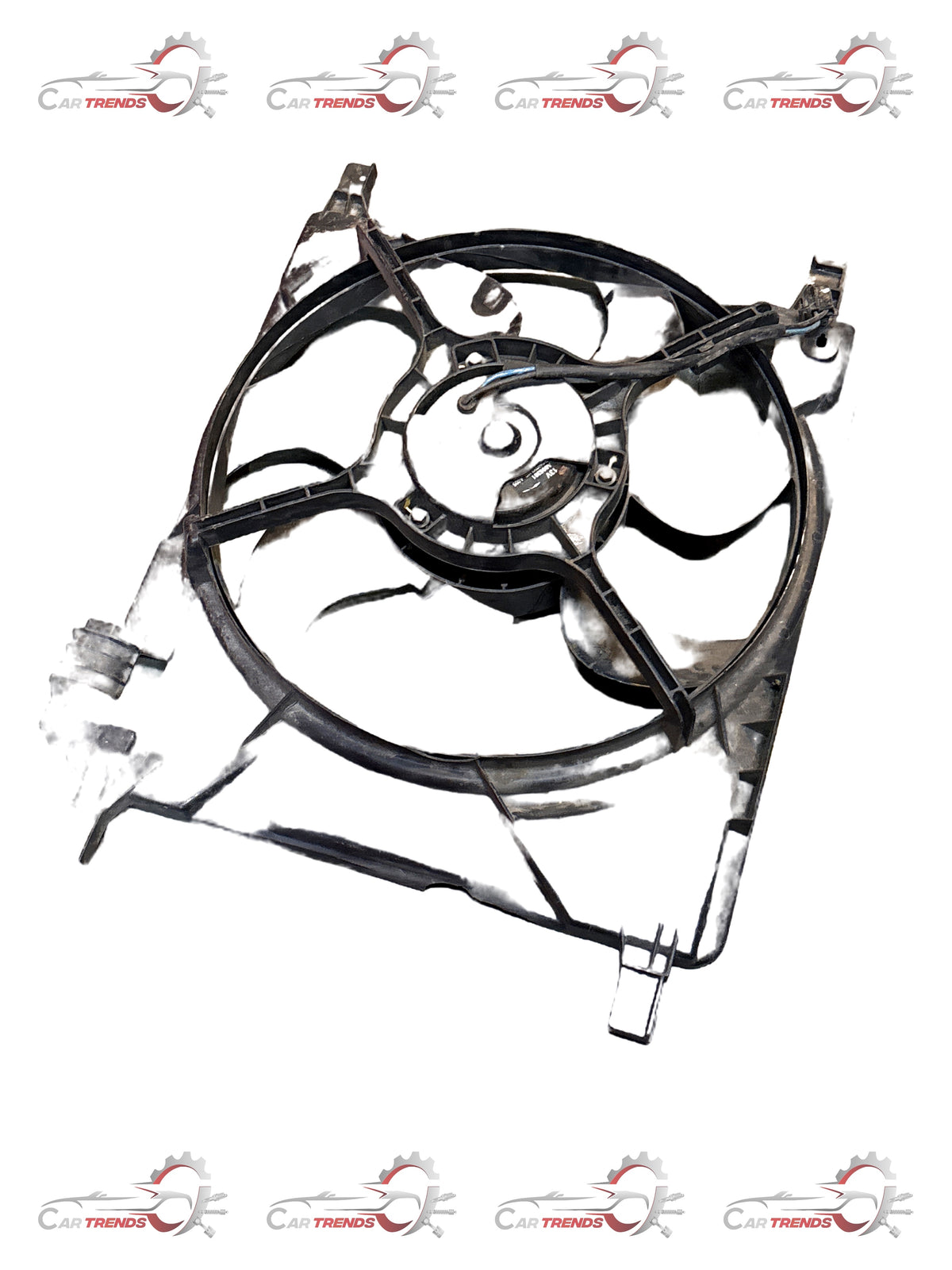 General Motors engine fan assembly with clear plastic shroud and shared beat design for vehicle cooling.