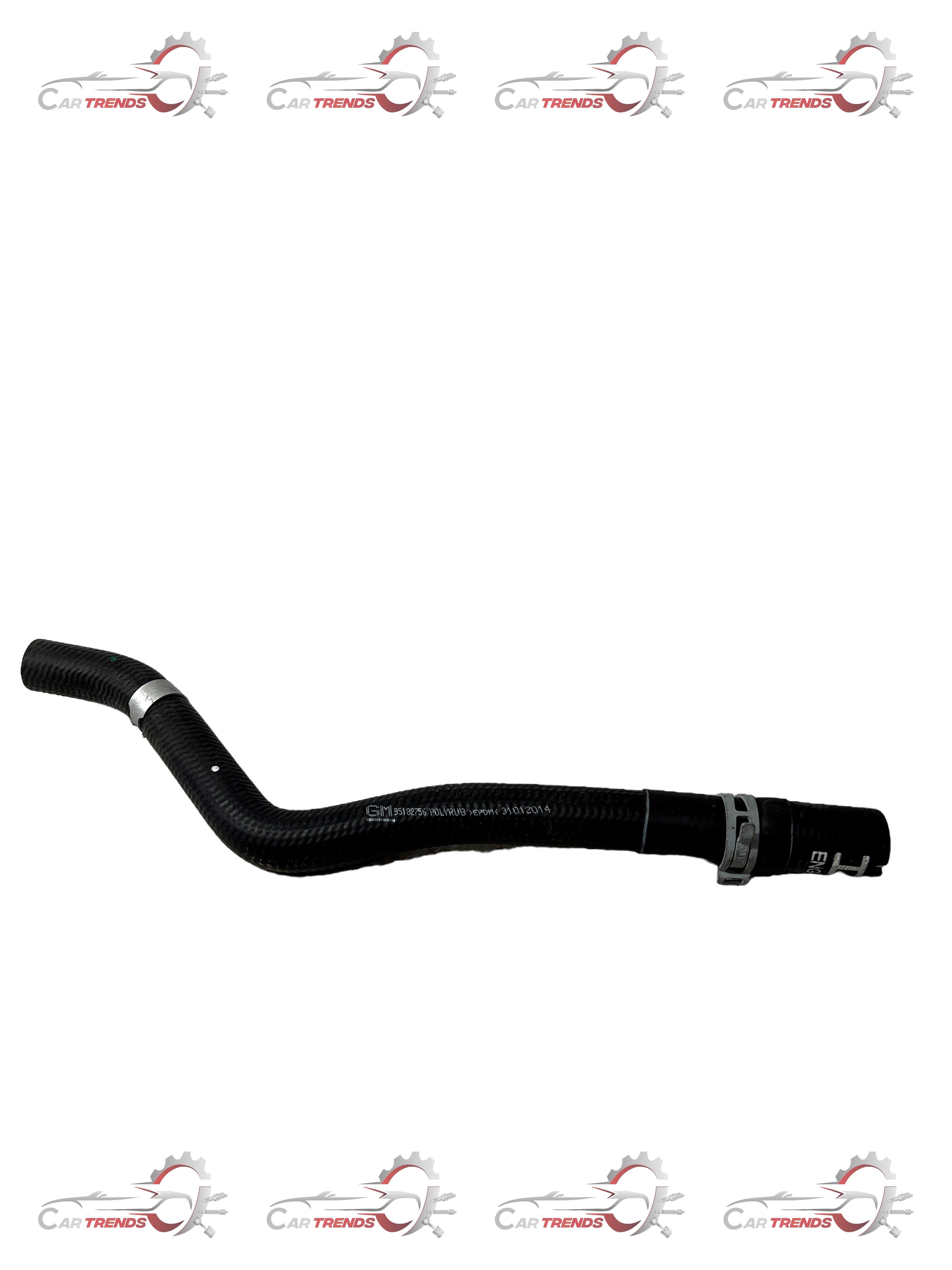 General Motors heater hose assembly J95182756 showing a black rubber hose with metal fittings.