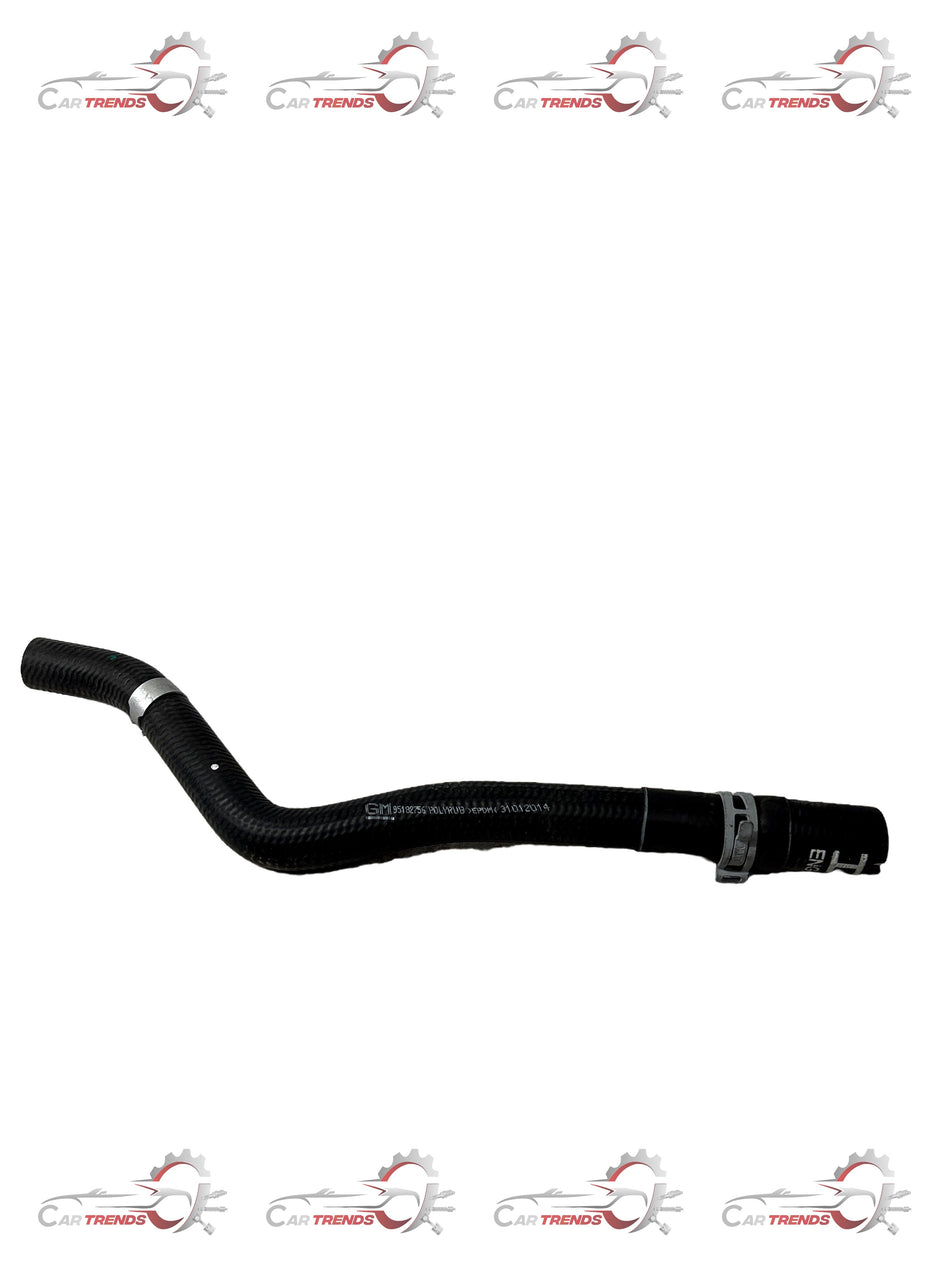 General Motors heater hose assembly J95182756 showing a black rubber hose with metal fittings.