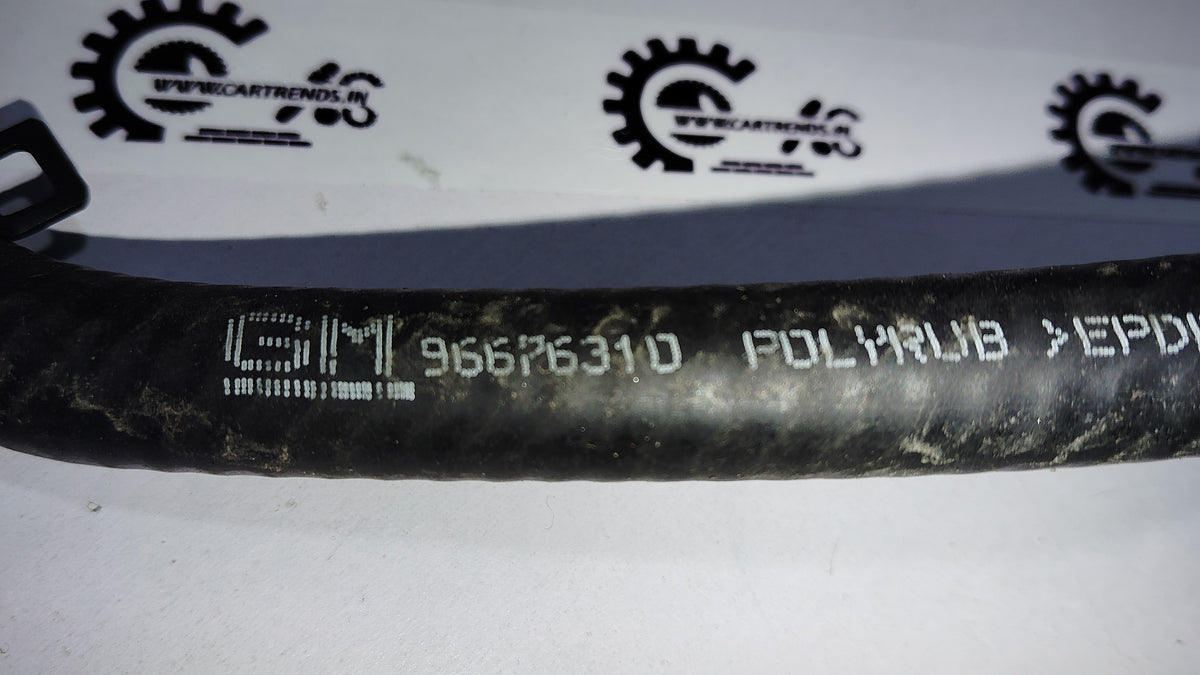 General Motors radiator overflow hose assembly, part J96676310, displaying the durable rubber hose with metal fittings.