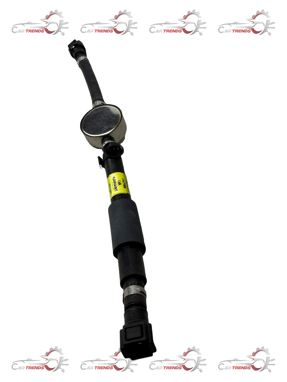 General Motors fuel return hose assembly with sail for J29600180 engine part, showing the flexible rubber hose and fittings.