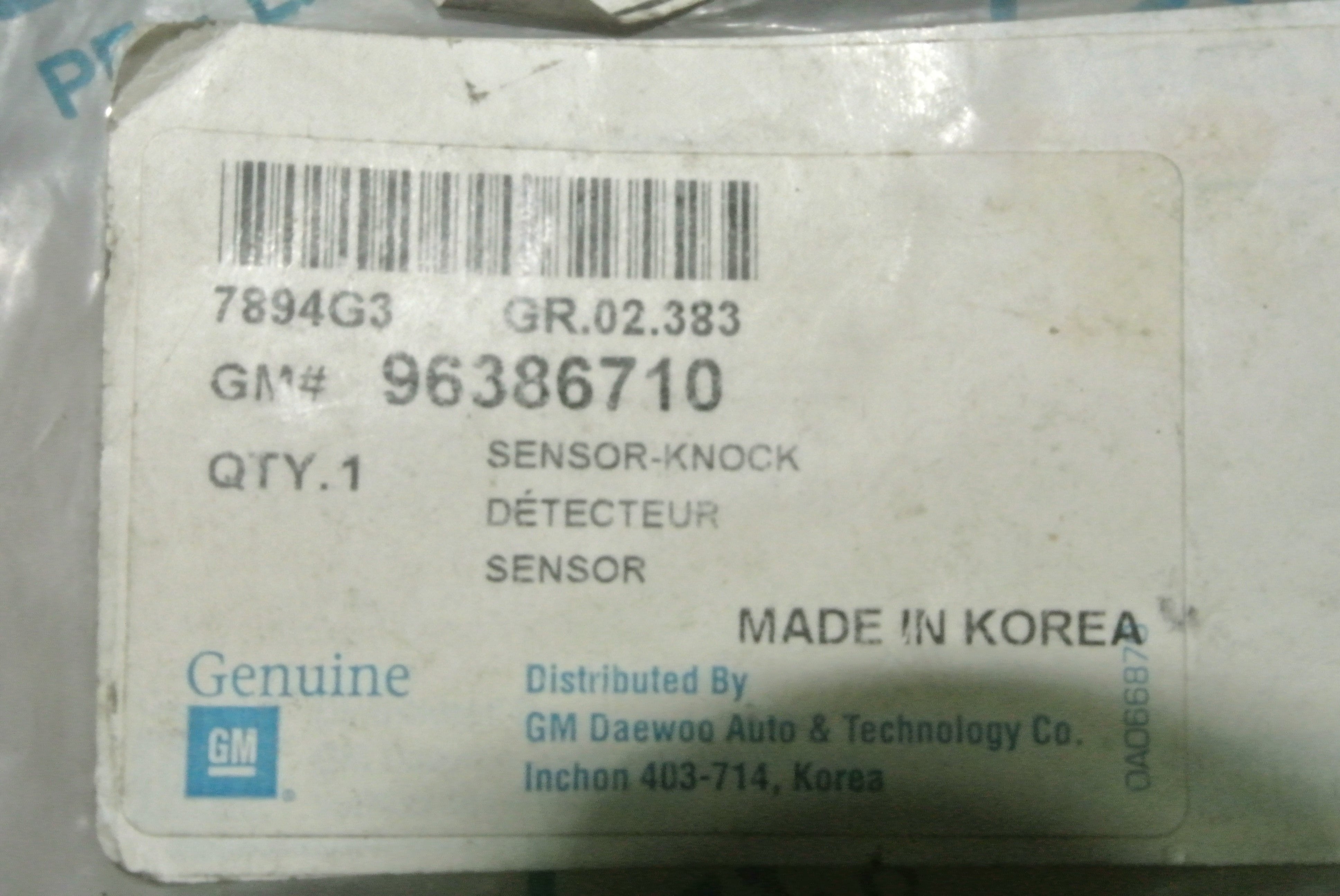 Sensor knock for Opel Opel Optra petrol engine, GM part J96386710, manufactured by General Motors.