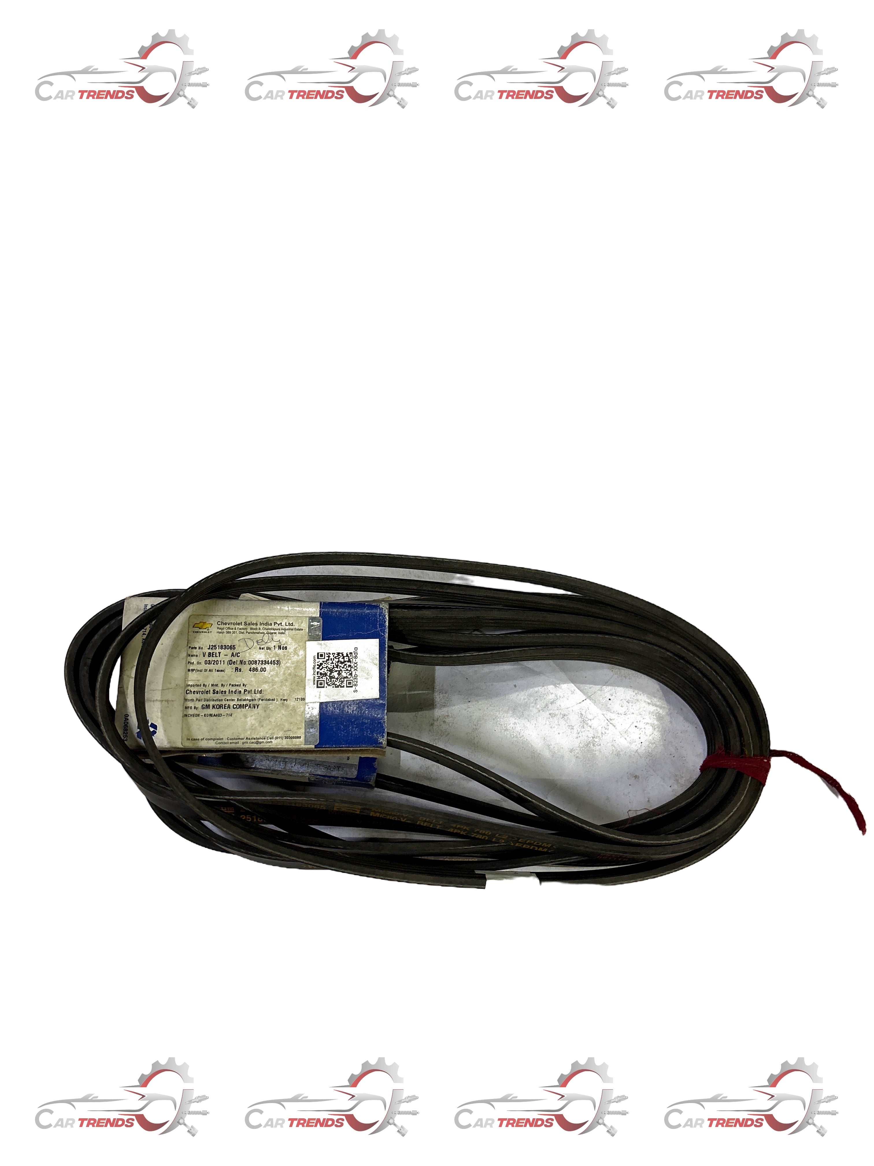 General Motors V belt for A/C and spark system, automotive engine accessory, black rubber belt with grooves.