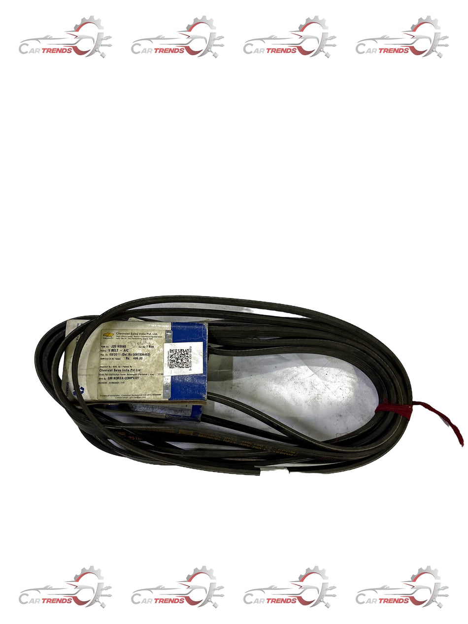 General Motors V belt for A/C and spark system, automotive engine accessory, black rubber belt with grooves.