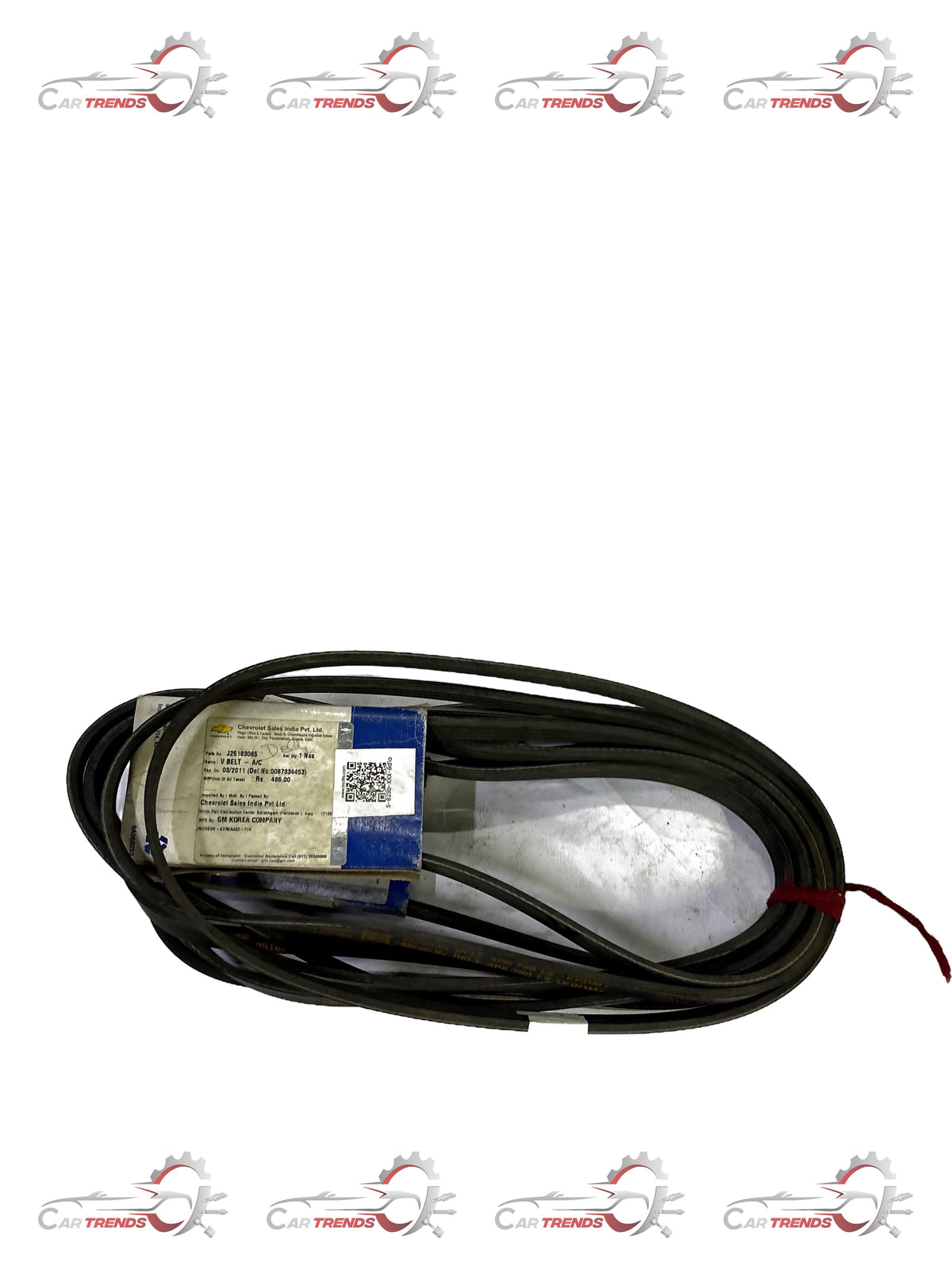 General Motors V belt for A/C and spark system, automotive engine component, black rubber belt with grooves.