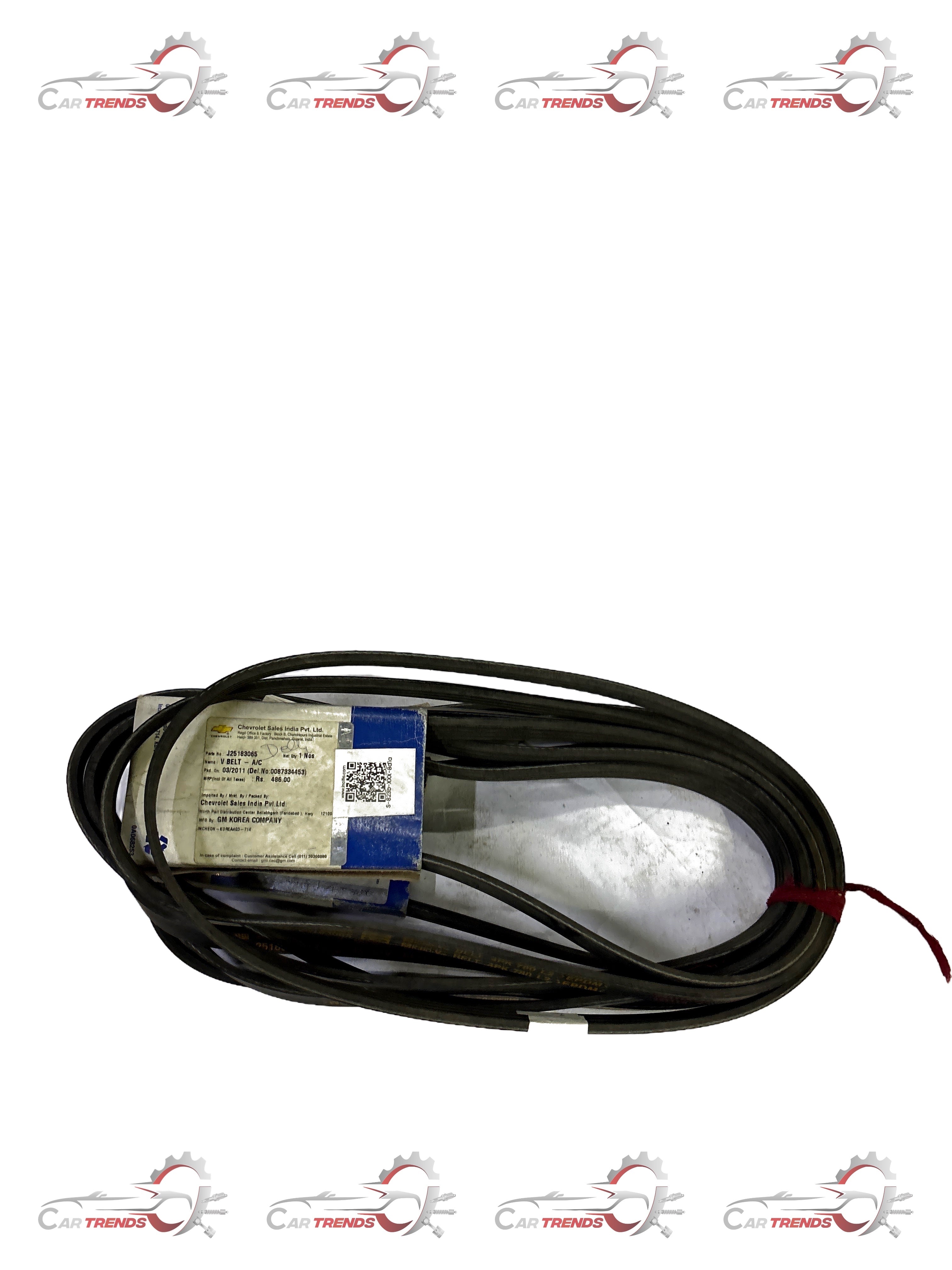 General Motors V belt for A/C and spark system, automotive engine component, black rubber belt with grooves.