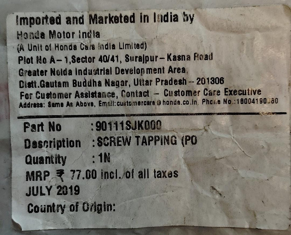 Honda screw tapping PO for Accord, Amaze, Brio, CR-V petrol models, part number 90111SJK000, shown in the image.