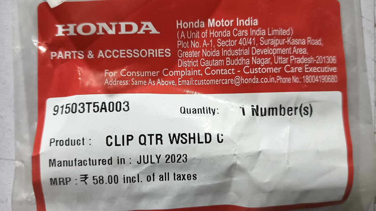 Honda Jazz windshield clip, genuine Honda part 91503T5A003, designed to secure the windshield on Honda Jazz vehicles.